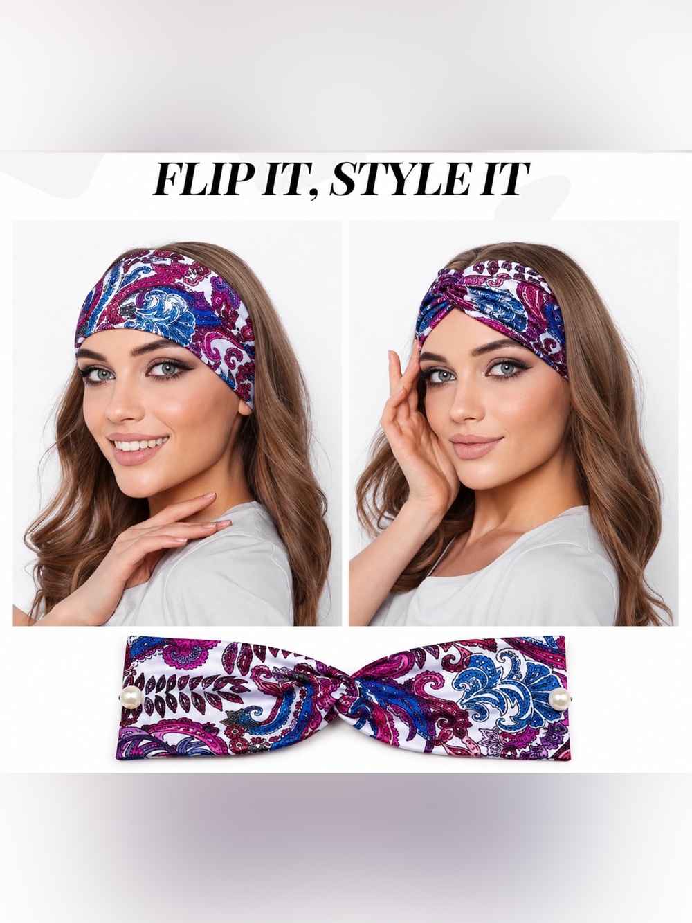 Headband Paisley Twist Head band in Teal, Fuchsia Navy 2 pearls NWT (only 1)